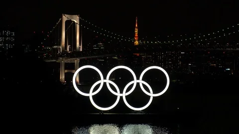 TOKYO, JAPAN : The five ring symbol of the Olympic Games at Odaiba. Stock Footage 123683746