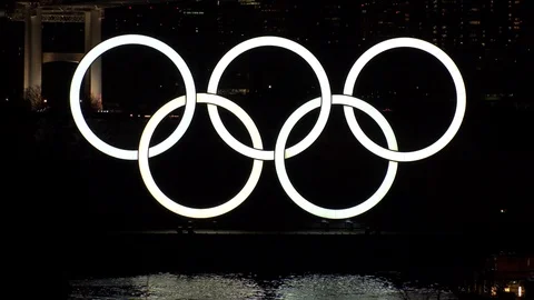 TOKYO, JAPAN : The five ring symbol of the Olympic Games at Odaiba. Stock Footage 123683748