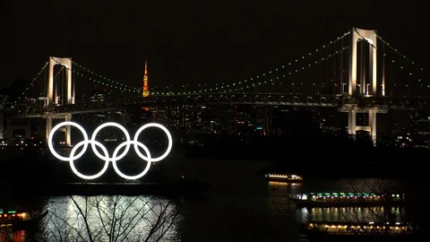 TOKYO, JAPAN : The five ring symbol of the Olympic Games at Odaiba. Stock Footage 123683761
