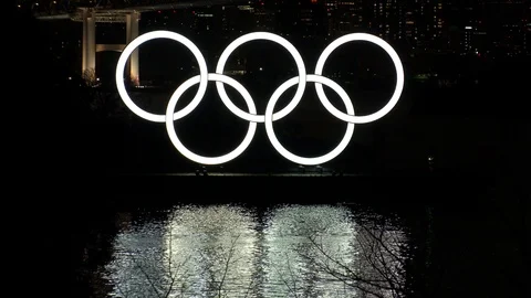 TOKYO, JAPAN : The five ring symbol of the Olympic Games at Odaiba. Stock Footage 123683797