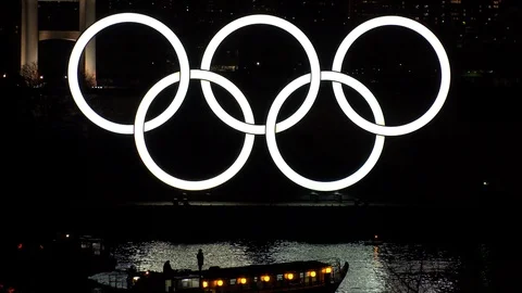 TOKYO, JAPAN : The five ring symbol of the Olympic Games at Odaiba. Stock Footage 123683816