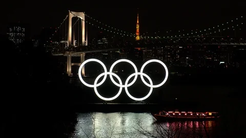 TOKYO, JAPAN : The five ring symbol of the Olympic Games at Odaiba. Stock Footage 123683876