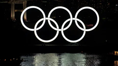 TOKYO, JAPAN : The five ring symbol of the Olympic Games at Odaiba. Stock Footage 123683899