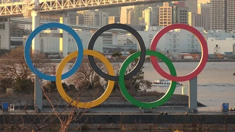TOKYO, JAPAN : The five ring symbol of the Olympic Games. Shot in sunset. Stock Footage 125006657
