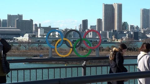 TOKYO, JAPAN : The five ring symbol of the Olympic Games at Odaiba. Stock Footage 125006736