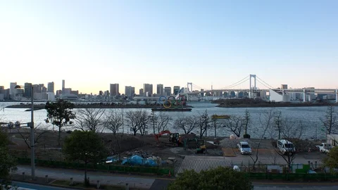 TOKYO, JAPAN : The five ring symbol of the Olympic Games. Shot in sunset. Stock Footage 125006949