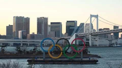 TOKYO, JAPAN : The five ring symbol of the Olympic Games. Shot in sunset. Stock Footage 125006962