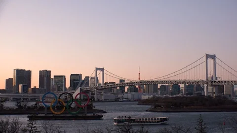 TOKYO, JAPAN : The five ring symbol of the Olympic Games. Shot in sunset. Stock Footage 125006963