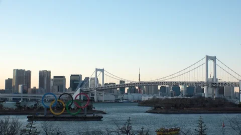 TOKYO, JAPAN : The five ring symbol of the Olympic Games. Shot in sunset. Stock Footage 125006965