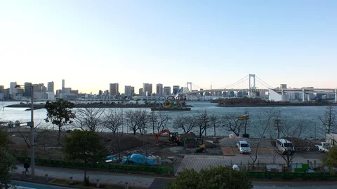 TOKYO, JAPAN : The five ring symbol of the Olympic Games. Shot in sunset. Stock Footage 125006968