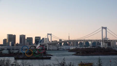 TOKYO, JAPAN : The five ring symbol of the Olympic Games. Shot in sunset. Stock Footage 125006980