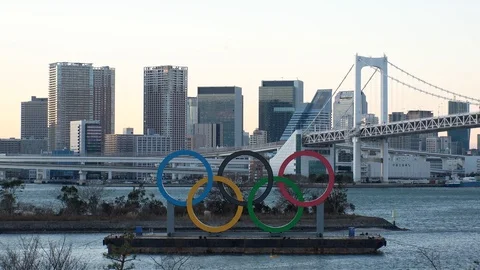 TOKYO, JAPAN : The five ring symbol of the Olympic Games. Shot in sunset. Stock Footage 125007001