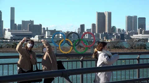 TOKYO, JAPAN : The five ring symbol of the Olympic Games at Odaiba. Stock Footage 125007053