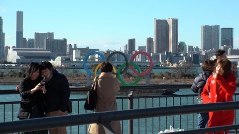 TOKYO, JAPAN : The five ring symbol of the Olympic Games at Odaiba. Stock Footage 125007054