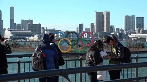 TOKYO, JAPAN : The five ring symbol of the Olympic Games at Odaiba. Stock Footage 125007064