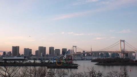 TOKYO, JAPAN : The five ring symbol of the Olympic Games. Shot in sunset. Stock Footage 125007404