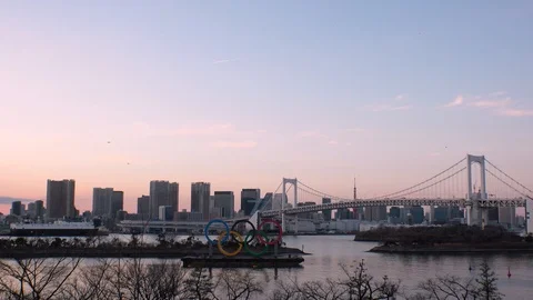TOKYO, JAPAN : The five ring symbol of the Olympic Games. Shot in sunset. Stock Footage 125007422