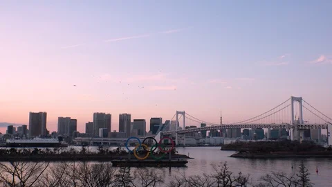 TOKYO, JAPAN : The five ring symbol of the Olympic Games. Shot in sunset. Stock Footage 125007453