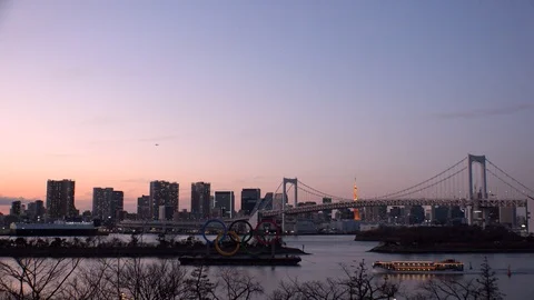 TOKYO, JAPAN : The five ring symbol of the Olympic Games. Shot in sunset. Stock Footage 125007498
