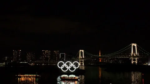 TOKYO, JAPAN : The five ring symbol of the Olympic Games at night. Stock Footage 125007578