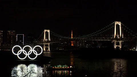 TOKYO, JAPAN : The five ring symbol of the Olympic Games at night. Stock Footage 125007587