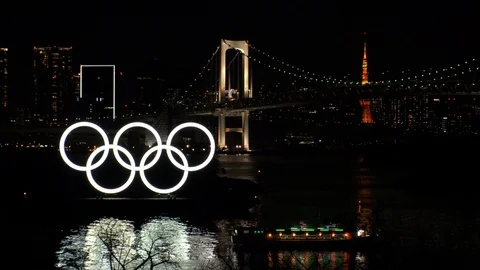 TOKYO, JAPAN : The five ring symbol of the Olympic Games at night. Stock Footage 125007645