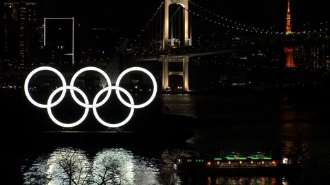 TOKYO, JAPAN : The five ring symbol of the Olympic Games at night. Stock Footage 125007701