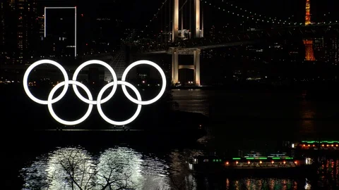 TOKYO, JAPAN : The five ring symbol of the Olympic Games at night. Stock Footage 125007818