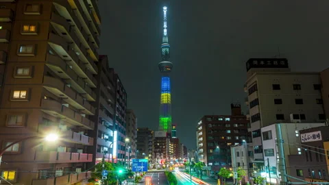 Tokyo Japan. Hyperlapse of Skytree tower at night Stock Footage 253120528