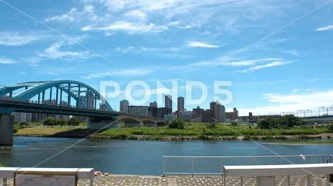 TOKYO, JAPAN : Scenery of TAMA RIVER and BRIDGE. Stock Photos