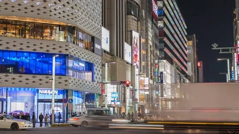 Tokyo Japan time lapse 4K, night timelapse at Ginza shopping street Stock Footage 157089657