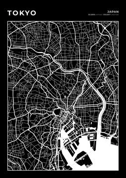 Tokyo Map Wall Art Frame, Cartography Map Print, City Layout Map Stock Illustration