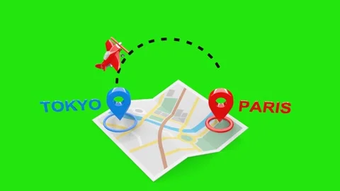 Tokyo to Paris 3D Flight Animation with Airplane, Map, with Green Screen Stock Footage 306718643
