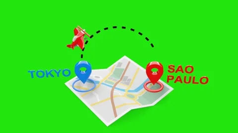 Tokyo to Sao Paulo 3D Flight Animation with Airplane, Map, with Green Screen Stock Footage 306718656