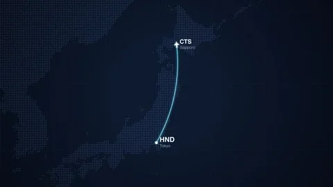 Tokyo to sapporo flight route map animation Stockbeeldmateriaal 339423482