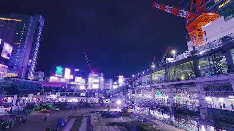 Tokyo Shibuya Redevelopment Construction Site at Night Stock Footage 344330473