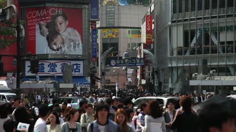 Tokyo Shibuya Scramble Crossing and Hachiko Square with Crowds of Pedestrians Stock Footage 344355553