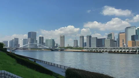 Tokyo sky line view from the Sumida river side, in the background the famous Stock Footage 157568872