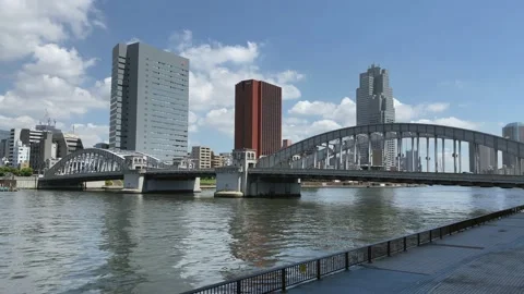 Tokyo sky line view from the Sumida river side, in the background the famous Stock Footage 157568874