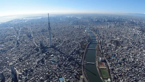 Tokyo Sky Tree and Mt’Fuji with Smida River Aerial,Tokyo,Japan Stock Footage 123746155