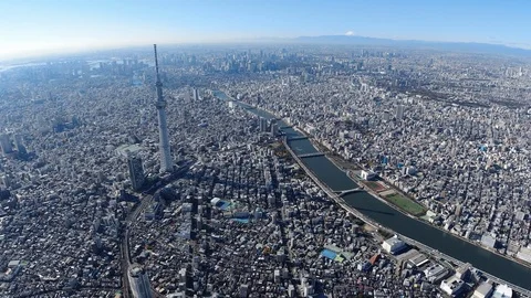 Tokyo Sky Tree and Mt’Fuji with Smida River Aerial,Tokyo,Japan Video stock 123746213