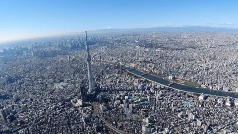 Tokyo Sky Tree and Mt’Fuji with Smida River Aerial,Tokyo,Japan Video stock 123746382