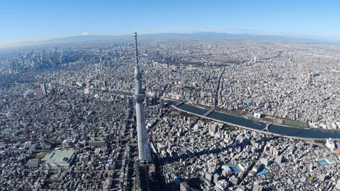 Tokyo Sky Tree and Mt’Fuji with Smida River Aerial,Tokyo,Japan Video stock 123749017