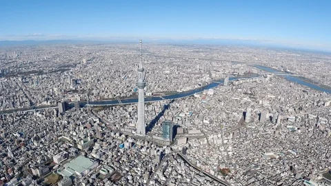 Tokyo Sky Tree and Smida River Aerial,Tokyo,Japan Video stock 123747532