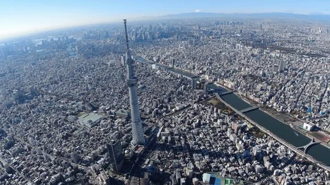 Tokyo Sky Tree and Smida River Aerial,Tokyo,Japan Video stock 123747948