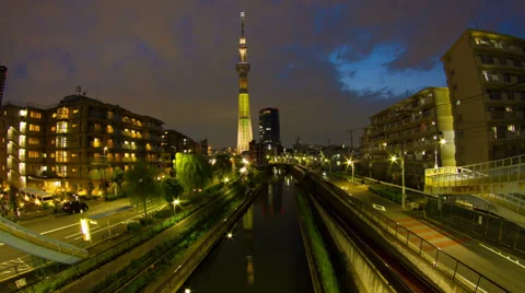 Tokyo Sky Tree light up night view time lapse Stock Footage 39393365