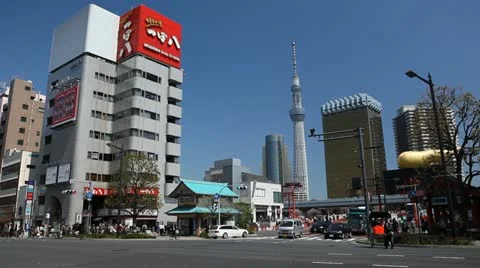 Tokyo Sky Tree Skytree Japan Busy Japanese City Car Traffic Rush Hour Skyline Stock Footage 12414714
