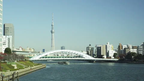 Tokyo Sky Tree Tower and Sumida River Stock Footage 110721986