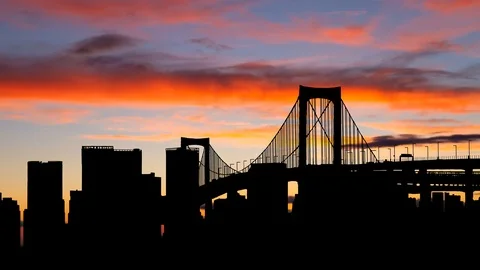 Tokyo Skyline, Time Lapse at Twilight with Colourful Sky and Dark Silhouettes Stock Footage 124646752