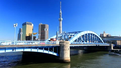 Tokyo Skytree, Sumida River, Komagata Bridge, and Water Bus Видео 330331176